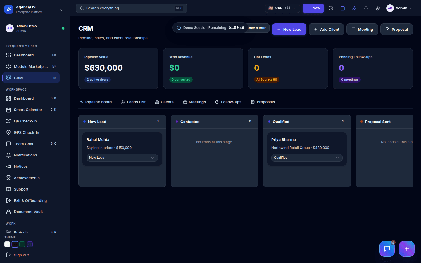 FlashCat.ai CRM screen showing the pipeline board with real leads and pipeline value