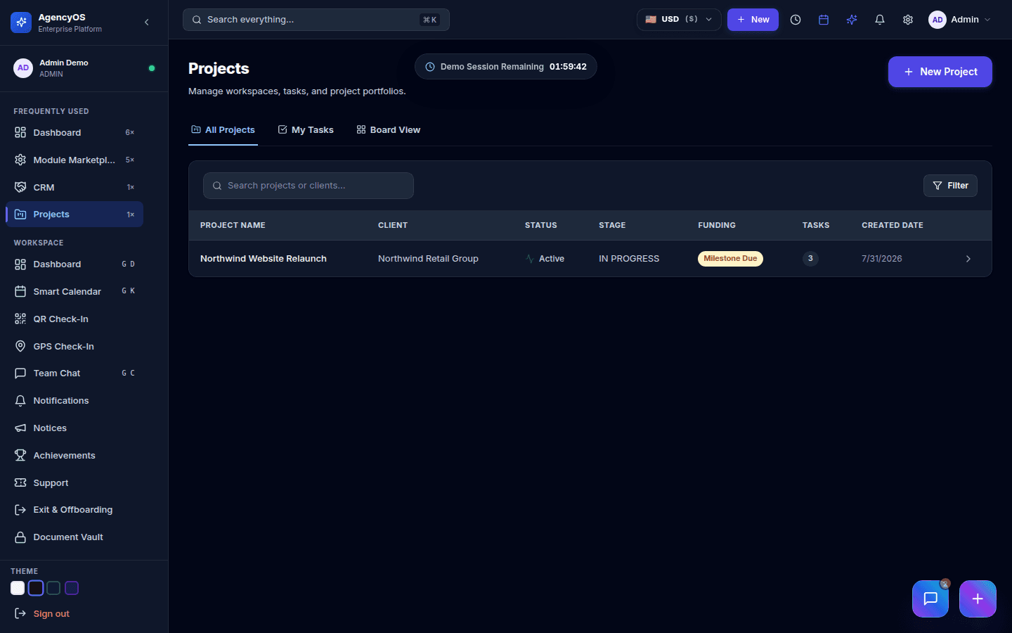 FlashCat.ai Projects screen showing a real project with client, status, stage, and funding